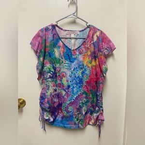 Colorful Abstract Print V-Neck Short Sleeve Top - Multi